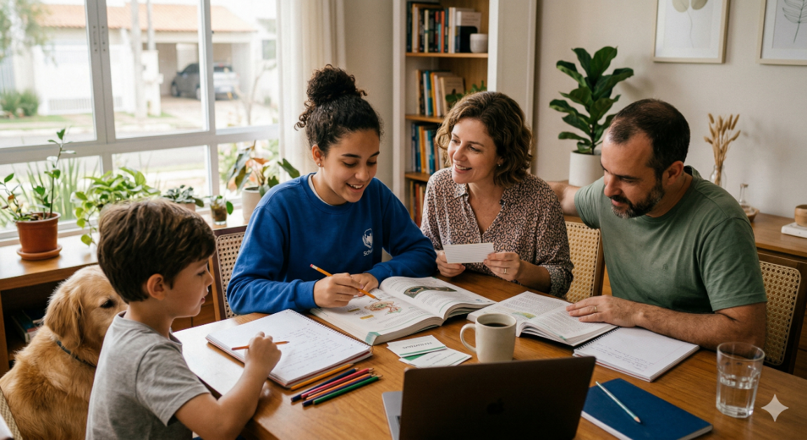 Crianças aprendendo em casa com orientação dos pais em ambiente organizado e acolhedor